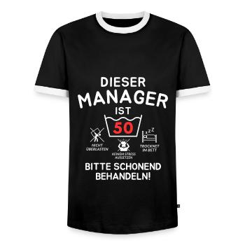 Dieser Manager ist 50. Schonend behandeln - Männer Kontrast-T-Shirt - Schwarz/Weiß - Vorne - AI Model Female 172 light (172cm) & AI Model Male 178 light (178cm)