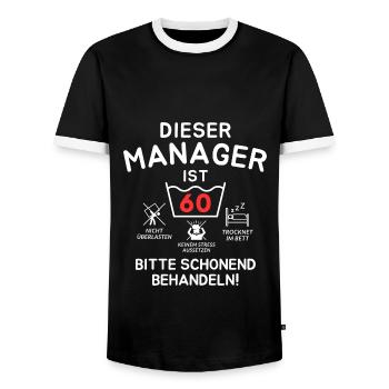 Dieser Manager ist 60. Schonend behandeln - Männer Kontrast-T-Shirt - Schwarz/Weiß - Vorne - AI Model Female 172 light (172cm) & AI Model Male 178 light (178cm)