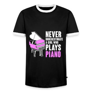Unterschätze niemals ein Mädchen, das Piano Musicia spielt - Männer Kontrast-T-Shirt - Schwarz/Weiß - Vorne - AI Model Female 172 light (172cm) & AI Model Male 178 light (178cm)