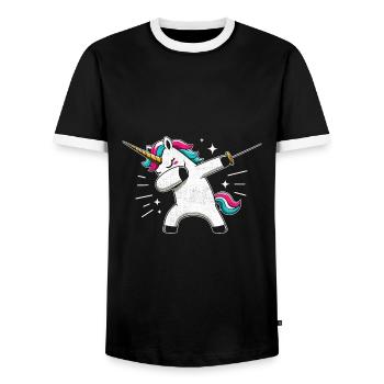 Dubbing Unicorn Fencer Sword Epee Fencing Athlete - Men's Ringer Shirt - black/white - Front - AI Model Female 172 light (172cm) & AI Model Male 178 light (178cm)