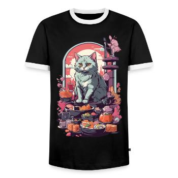 Retro Katze Sushi Sashimi Ukiyo-E Kunststil - Männer Kontrast-T-Shirt - Schwarz/Weiß - Vorne - AI Model Female 172 light (172cm) & AI Model Male 178 light (178cm)