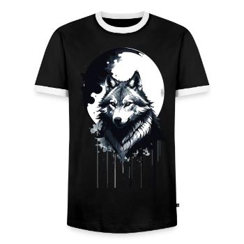Wolf,Moon,Landscape,Ink,Painting - Men's Ringer Shirt - black/white - Front - AI Model Female 172 light (172cm) & AI Model Male 178 light (178cm)