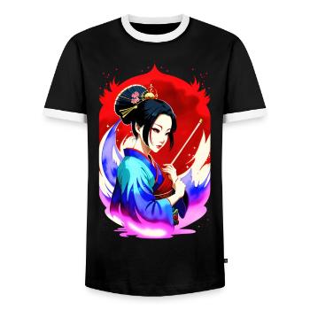 Mystical Geisha - Retro Style - Men's Ringer Shirt - black/white - Front - AI Model Female 172 light (172cm) & AI Model Male 178 light (178cm)