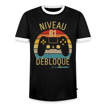 LEVEL 61 UNLOCKS - Men's Ringer Shirt - black/white - Front - AI Model Female 172 light (172cm) & AI Model Male 178 light (178cm)