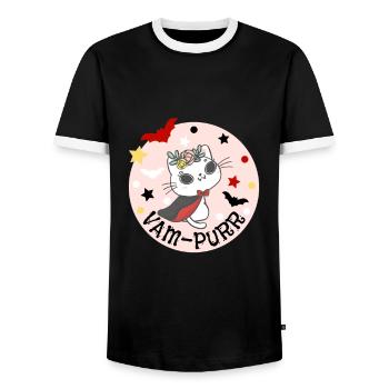 Vampurr. Vampire Kitty. Kawaii Pastel Vampire Cat. - Men's Ringer Shirt - black/white - Front - AI Model Female 172 light (172cm) & AI Model Male 178 light (178cm)
