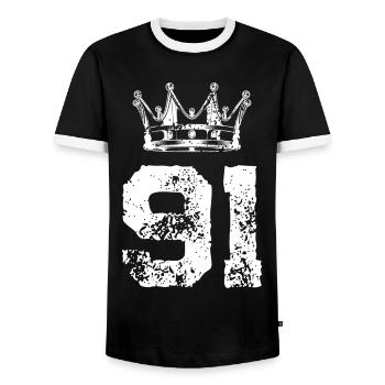 91 Number crown - Men's Ringer Shirt - black/white - Front - AI Model Female 172 light (172cm) & AI Model Male 178 light (178cm)