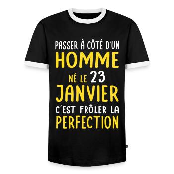 Anniversaire - Né le 23 Janvier Frôler perfection - T-shirt contrasté Homme - noir/blanc - Devant - AI Model Female 172 light (172cm) & AI Model Male 178 light (178cm)