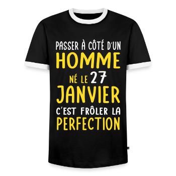 Anniversaire - Né le 27 Janvier Frôler perfection - T-shirt contrasté Homme - noir/blanc - Devant - AI Model Female 172 light (172cm) & AI Model Male 178 light (178cm)