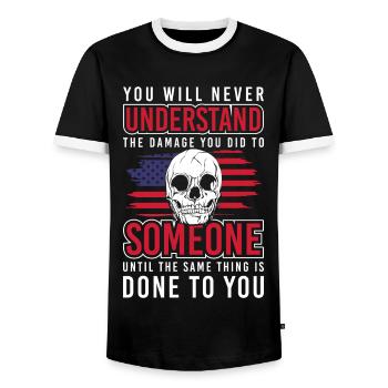 Fate Yoga Sarcasm Reaction - Men's Ringer Shirt - black/white - Front - AI Model Female 172 light (172cm) & AI Model Male 178 light (178cm)