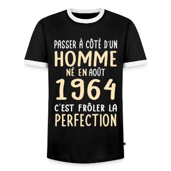 60th Birthday - Born in August 1964 - Men's Ringer Shirt - black/white - Front - AI Model Female 172 light (172cm) & AI Model Male 178 light (178cm)