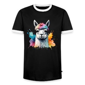 Alpaca Llama Colorful Cool Watercolor - Men's Ringer Shirt - black/white - Front - AI Model Female 172 light (172cm) & AI Model Male 178 light (178cm)