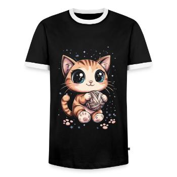 Cute cat with ball of wool - Men's Ringer Shirt - black/white - Front - AI Model Female 172 light (172cm) & AI Model Male 178 light (178cm)