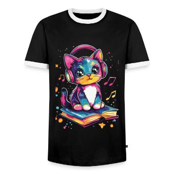 Cute cat with headphones and books - Men's Ringer Shirt - black/white - Front - AI Model Female 172 light (172cm) & AI Model Male 178 light (178cm)