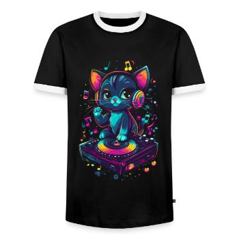 Chat mignon avec des écouteurs et un disque vinyle - T-shirt contrasté Homme - noir/blanc - Devant - AI Model Female 172 light (172cm) & AI Model Male 178 light (178cm)