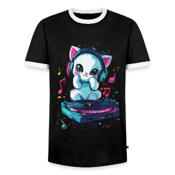 Chat mignon avec des écouteurs et un disque vinyle - T-shirt contrasté Homme - noir/blanc - Devant - AI Model Female 172 light (172cm) & AI Model Male 178 light (178cm)