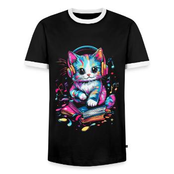 Cute cat with headphones and books - Men's Ringer Shirt - black/white - Front - AI Model Female 172 light (172cm) & AI Model Male 178 light (178cm)