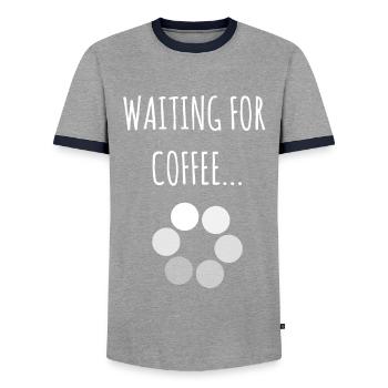 Wating For Coffee - Funny Coffee Quote - Men's Ringer Shirt - grey/navy  - Front - AI Model Female 172 light (172cm) & AI Model Male 178 light (178cm)