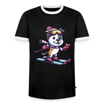 Winterfreude mit Staffordshire Terrier - Skifahren - Männer Kontrast-T-Shirt - Schwarz/Weiß - Vorne - AI Model Female 172 light (172cm) & AI Model Male 178 light (178cm)