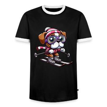 Boxer dog on skis - winter holiday in comic style - Men's Ringer Shirt - black/white - Front - AI Model Female 172 light (172cm) & AI Model Male 178 light (178cm)