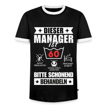 Dieser Manager ist 60. Schonend behandeln - Männer Kontrast-T-Shirt - Schwarz/Weiß - Vorne - AI Model Female 172 light (172cm) & AI Model Male 178 light (178cm)