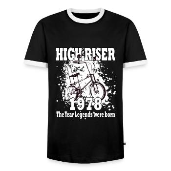 HIGH RISER - 1978 - Year of birth - Bonanzarad - Men's Ringer Shirt - black/white - Front - AI Model Female 172 light (172cm) & AI Model Male 178 light (178cm)