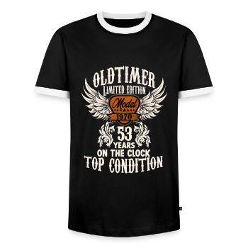 53 ans voiture classique rétro anniversaire rocker - T-shirt contrasté Homme - noir/blanc - Devant - AI Model Female 172 light (172cm) & AI Model Male 178 light (178cm)