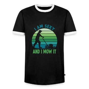 Garden motif lawn mower funny gardener saying - Men's Ringer Shirt - black/white - Front - AI Model Female 172 light (172cm) & AI Model Male 178 light (178cm)