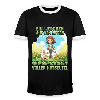 Funny dog owner walking t-shirt dog mom - Men's Ringer Shirt - black/white - Front - AI Model Female 172 light (172cm) & AI Model Male 178 light (178cm)