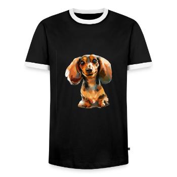 Funny dachshund T for dog owners walking dogs - Men's Ringer Shirt - black/white - Front - AI Model Female 172 light (172cm) & AI Model Male 178 light (178cm)