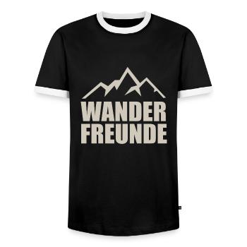 Wanderfreunde, Berg Silhouette. Hobby und Freizeit - Männer Kontrast-T-Shirt - Schwarz/Weiß - Vorne - AI Model Female 172 light (172cm) & AI Model Male 178 light (178cm)