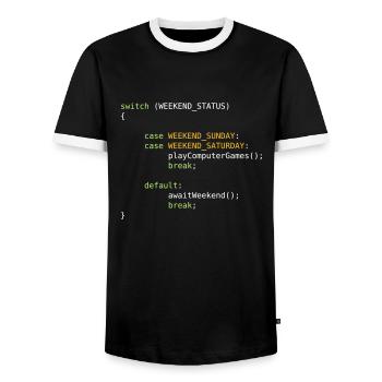 JAVA CODE - SWITCH - GAMING ON WEEKENDS - Männer Kontrast-T-Shirt - Schwarz/Weiß - Vorne - AI Model Female 172 light (172cm) & AI Model Male 178 light (178cm)