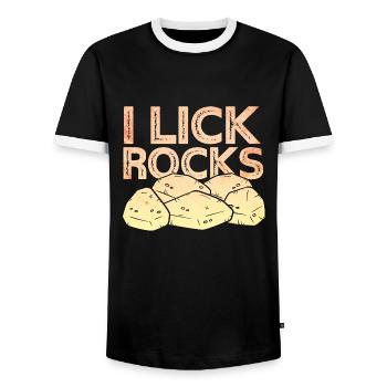 I lick stones - Geologist - Men's Ringer Shirt - black/white - Front - AI Model Female 172 light (172cm) & AI Model Male 178 light (178cm)