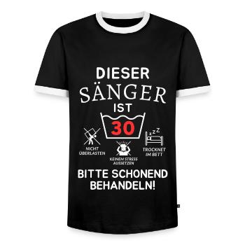 This singer is 30 years old. - Men's Ringer Shirt - black/white - Front - AI Model Female 172 light (172cm) & AI Model Male 178 light (178cm)