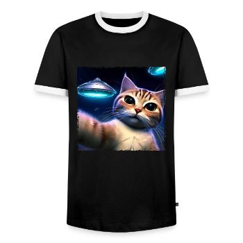 Selfie de chat avec OVNI - T-shirt contrasté Homme - noir/blanc - Devant - AI Model Female 172 light (172cm) & AI Model Male 178 light (178cm)