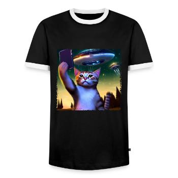 Selfie de chat avec OVNI - T-shirt contrasté Homme - noir/blanc - Devant - AI Model Female 172 light (172cm) & AI Model Male 178 light (178cm)