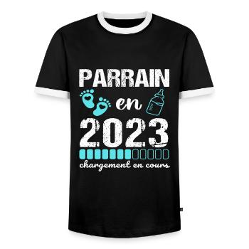 Parrain en 2023 annonce naissance bébé cadeau - T-shirt contrasté Homme - noir/blanc - Devant - AI Model Female 172 light (172cm) & AI Model Male 178 light (178cm)