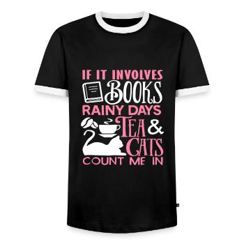 If It Involves Books Rainy Days Tea And Cats - Men's Ringer Shirt - black/white - Front - AI Model Female 172 light (172cm) & AI Model Male 178 light (178cm)