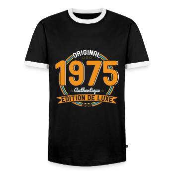50 Years Anniversary - Original 1975 Authentic - Men's Ringer Shirt - black/white - Front - AI Model Female 172 light (172cm) & AI Model Male 178 light (178cm)