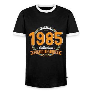 40 Year Anniversary - Original 1985 Authentic - Men's Ringer Shirt - black/white - Front - AI Model Female 172 light (172cm) & AI Model Male 178 light (178cm)