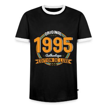 30 Year Anniversary - Original 1995 Authentic - Men's Ringer Shirt - black/white - Front - AI Model Female 172 light (172cm) & AI Model Male 178 light (178cm)