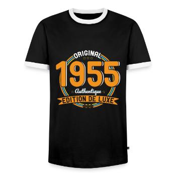 70 Year Anniversary - Original 1955 Authentic - Men's Ringer Shirt - black/white - Front - AI Model Female 172 light (172cm) & AI Model Male 178 light (178cm)
