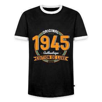 80th Anniversary - Original 1945 Authentic - Men's Ringer Shirt - black/white - Front - AI Model Female 172 light (172cm) & AI Model Male 178 light (178cm)