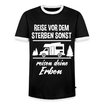 Reise vor dem Sterben sonst deine Erben Urlaub - Männer Kontrast-T-Shirt - Schwarz/Weiß - Vorne - AI Model Female 172 light (172cm) & AI Model Male 178 light (178cm)