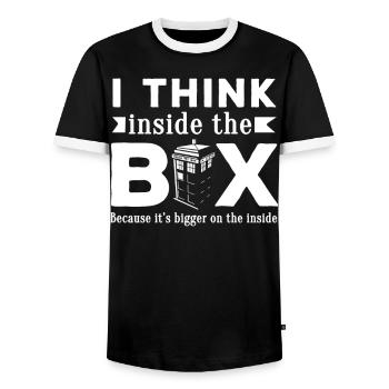 Doctor Who I think inside the police phone box - Men's Ringer Shirt - black/white - Front - AI Model Female 172 light (172cm) & AI Model Male 178 light (178cm)