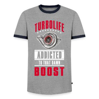 TURBO LIFE - Boost addicted - clean version - Men's Ringer Shirt - grey/navy  - Front - AI Model Female 172 light (172cm) & AI Model Male 178 light (178cm)