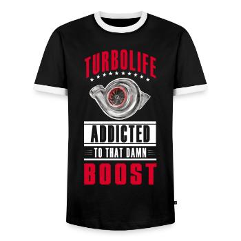 TURBO LIFE - Boost addicted - clean version - Men's Ringer Shirt - black/white - Front - AI Model Female 172 light (172cm) & AI Model Male 178 light (178cm)