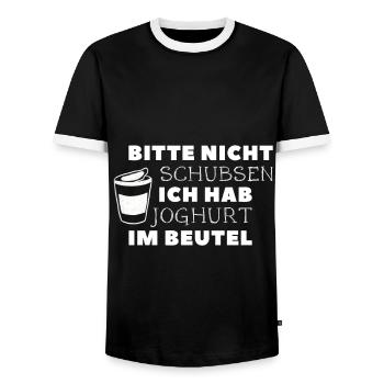 bitte nicht schubsen ich hab joghurt im beutel - Männer Kontrast-T-Shirt - Schwarz/Weiß - Vorne - AI Model Female 172 light (172cm) & AI Model Male 178 light (178cm)