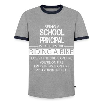 School Principal - Men's Ringer Shirt - grey/navy  - Front - AI Model Female 172 light (172cm) & AI Model Male 178 light (178cm)