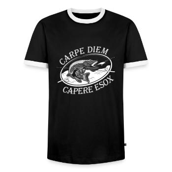 Angler Birthday - Carpe Diem Capere Esox - Pike - Men's Ringer Shirt - black/white - Front - AI Model Female 172 light (172cm) & AI Model Male 178 light (178cm)