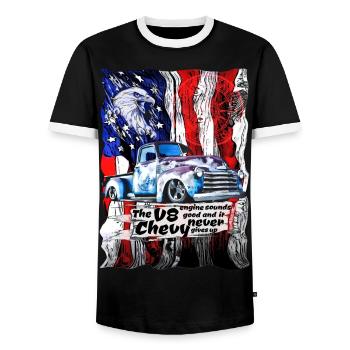 V8 Chevy Pickup Truck on American Flag - Men's Ringer Shirt - black/white - Front - AI Model Female 172 light (172cm) & AI Model Male 178 light (178cm)